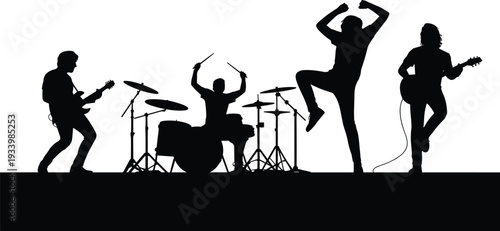 Rock band silhouettes performing live concert guitarist drummer singer energetic music performance isolated on white background
