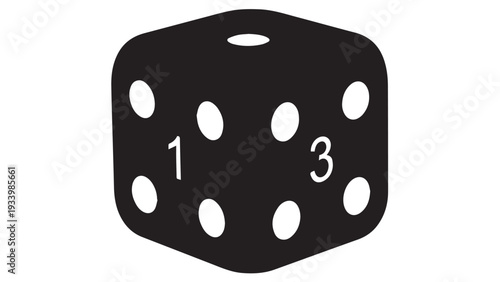Close-up of a black dice with white pips, showing a rolling perspective in a tabletop setting.