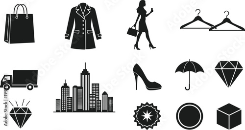 Collection of Black Icons Representing Shopping Fashion City and Business Elements Keywords: shopping bag, coat, woman walking