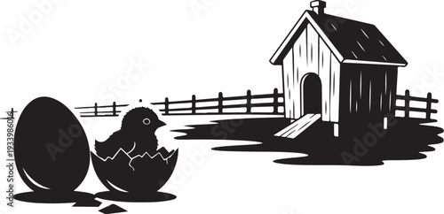 Hatching Chick on Farm with Coop and Fence Background