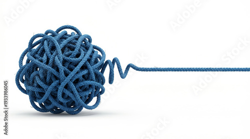 Tangled Blue Rope Knot Unraveling into a Straight Line Solution Concept