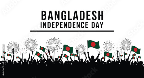 Bangladesh Independence Day vector graphic illustration depicting a jubilant crowd celebrating with flags and fireworks bursts.