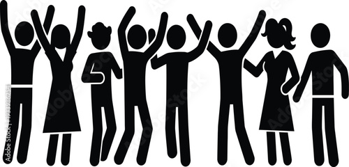 A group of people celebrating with raised arms in unison