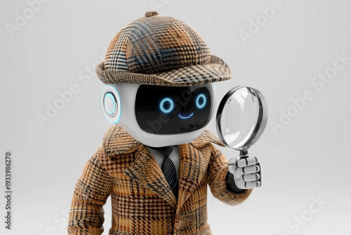 Robot Dressed As Detective Conducting Investigation — Artificial Intelligence Search Concept