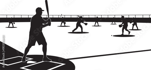 Silhouette of baseball player practicing batting skills at night