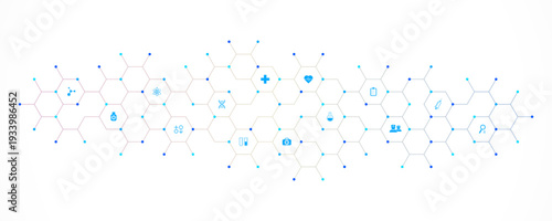 Medical background and healthcare technology with flat icons and symbols. Concept and idea for health care business, innovation medicine, health safety, science, medical research, and development.