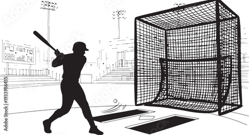 Baseball player practicing swing in batting cage training session