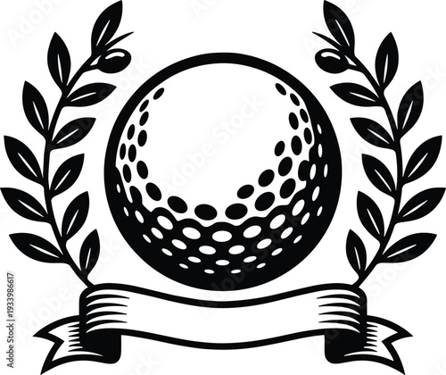 Black and white vector silhouette of a golf ball with laurel wreath and blank ribbon banner for sports tournament awards club logos and championships
