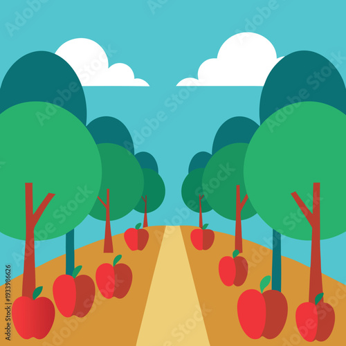 Apple orchard illustration white solid colour outline.