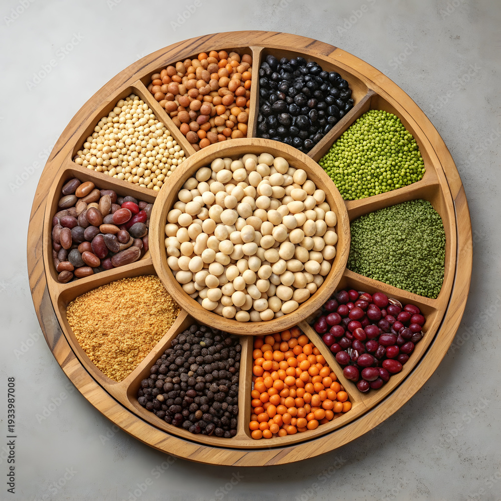 Fototapeta premium A circular wooden tray filled with various types of colorful beans and legumes