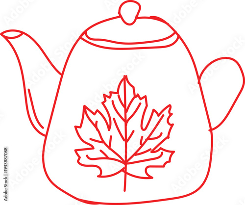 Red line drawing of a teapot with a maple leaf design