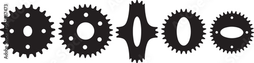 Collection of five interlocking gear silhouettes in various sizes and shapes