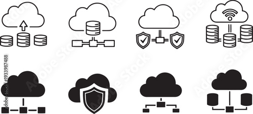A set of vector line art illustrations depicting cloud computing and data security in silhouette mode