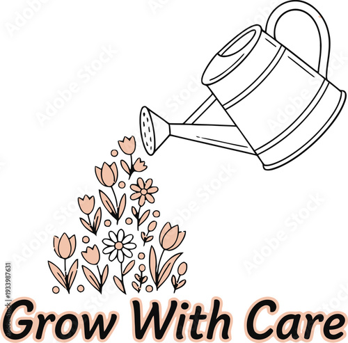 Watering can pouring water onto growing flowers vector illustration