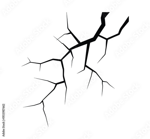 Set of black crack shapes isolated on white background. Jagged fracture lines and broken surface elements. Grunge damage effects for posters, overlays, and graphic design