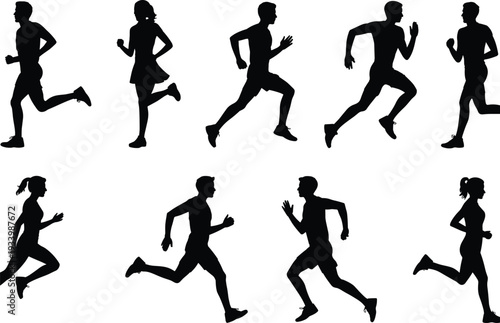 Running men and women silhouette set in various jogging sprint poses isolated on white background fitness sport concept