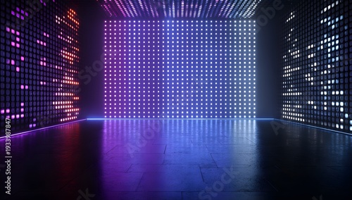Empty stage with large led screen walls displaying bright white and purple light patterns on reflective floor creates professional venue for corporate events or music performances and shows