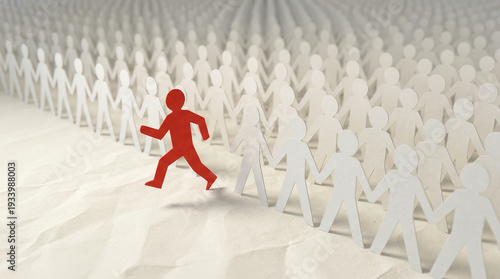  Red Paper Cutout Person Stepping Out of Line from White Crowd