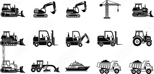 Collection of fifteen black and white icons of construction and heavy machinery vehicles vector illustration