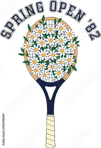 Vintage Tennis Racket with Daisies Spring Open '82 Vector Illustration