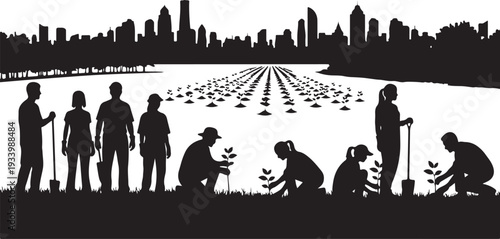 People planting trees in a city park landscape together