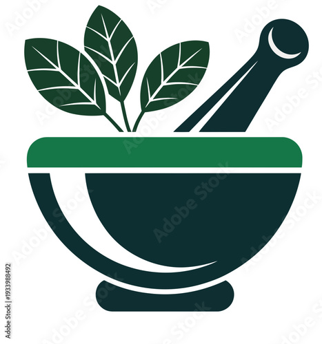 Herbal apothecary mortar and pestle with green leaves