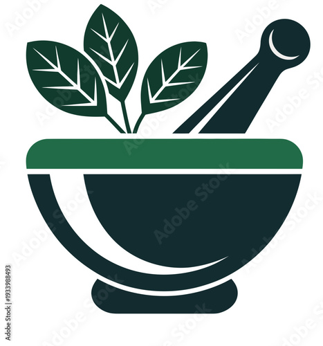 Herbal apothecary mortar and pestle with green leaves