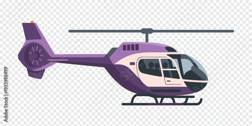 Vibrant Purple Helicopter in Flight Isolated on Transparent Background Air Transport Concept