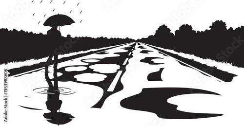 Silhouette of a person walking alone in the rain