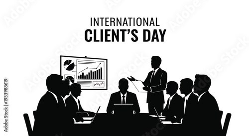 Vector graphic illustration marking international client's day with business meeting presentation silhouettes