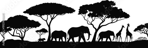African safari wildlife silhouette landscape with elephants giraffes and acacia trees black and white savanna panorama illustration
