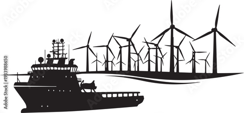 Silhouette of ship sailing past offshore wind turbines farm