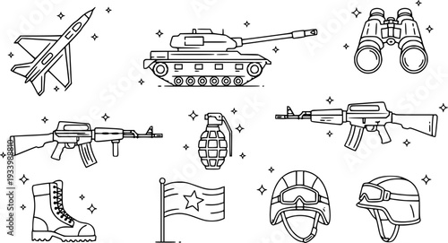 Military and Defense Equipment Icon Set - Tactical Army Tank, Fighter Jet, and Infantry Gear Vector