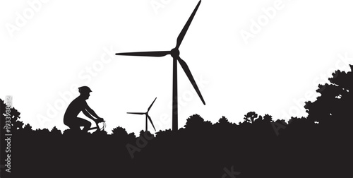 Silhouette of man with bicycle and wind turbines landscape