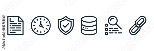 Minimalist compliance and traceability icon collection – Great for blockchain, regulatory reporting, or secure data tracking.