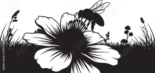 Black and white illustration of bee on large flower