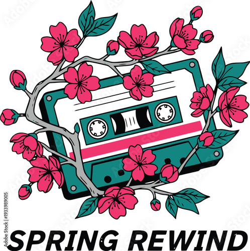 Spring Rewind Cassette Tape with Pink Cherry Blossom Flowers Vector Illustration