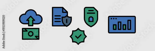 Secure file upload and analytics dashboard icons - Suitable for business software, data privacy campaigns, or enterprise cloud services.