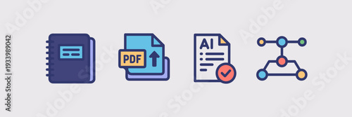 Knowledge graph and PDF upload icons – Ideal for document processing, machine learning, or smart search tools.