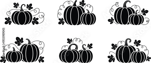 Black and white pumpkin silhouette set with leaves and vines autumn harvest illustration decorative fall seasonal clipart collection