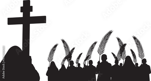Silhouette of people holding feathers near a cross monument