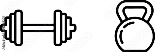 Line art illustration of a dumbbell and kettlebell icons, symbolizing fitness, bodybuilding, and strength training equipment in minimalist style