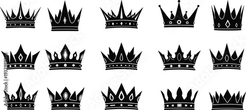 Collection of fifteen black silhouette royal crowns with intricate designs on white background king queen