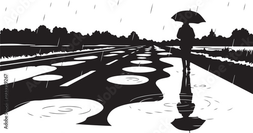 Lonely person walking in the rain with an umbrella