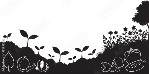 Gardening illustration with plants and seedlings growing in soil
