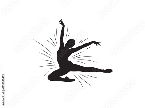 Dynamic dancer in mid leap with energetic motion lines.