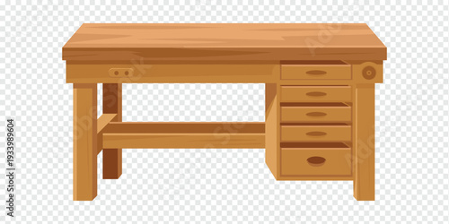 Wooden Desk with Drawers Isolated on Transparent Background Office Furniture Concept