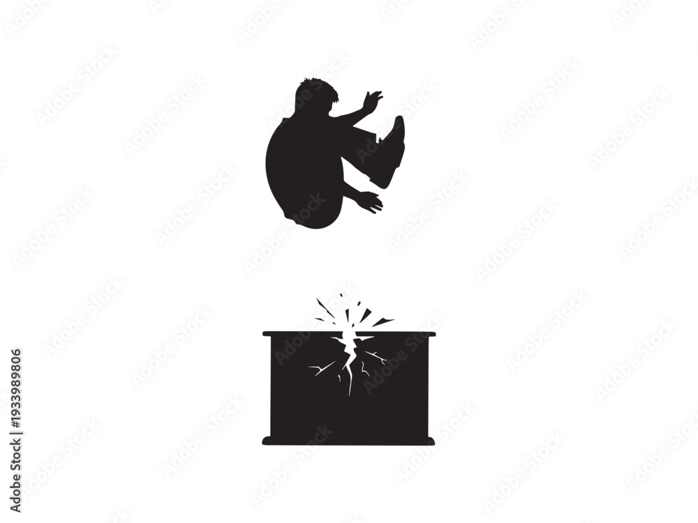 Φωτογραφία Man jumping over cracked desk in dynamic silhouette.