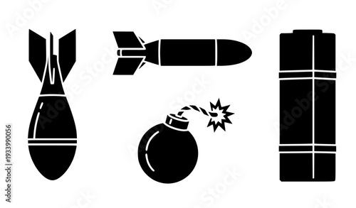 A set of black and white vector icons depicting explosive objects