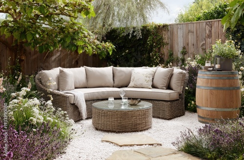 Outdoor patio scene with a woven sectional sofa, coffee table, and barrel, surrounded by plants